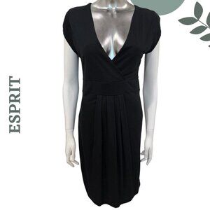 Esprit Black Deep V-Neck Midi Dress Short Sleeve Stretch Lightweight Knit Medium